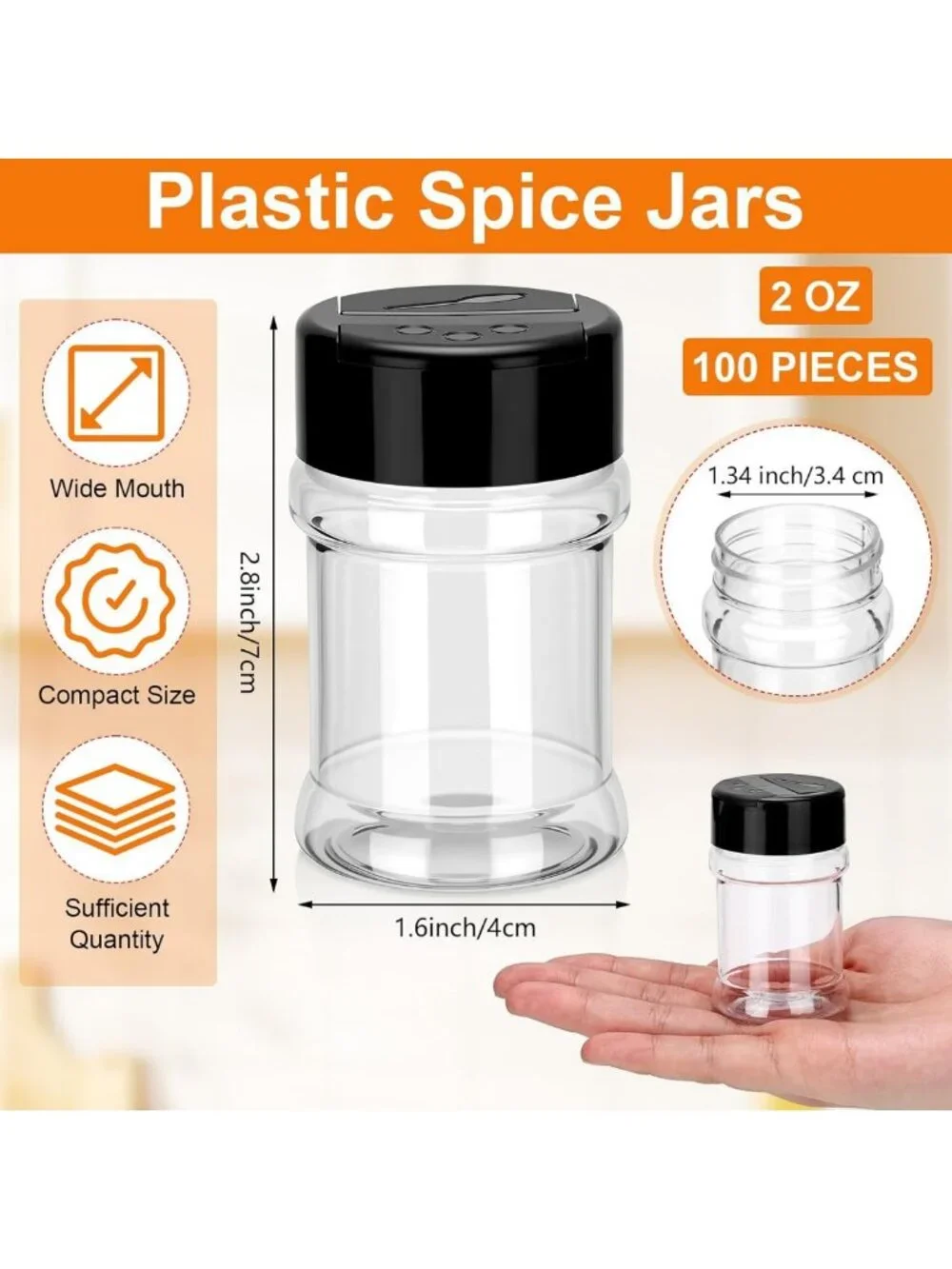 100 Clear Plastic Spice Jars 2 Oz with Flip Cap - Empty Seasoning Containers for